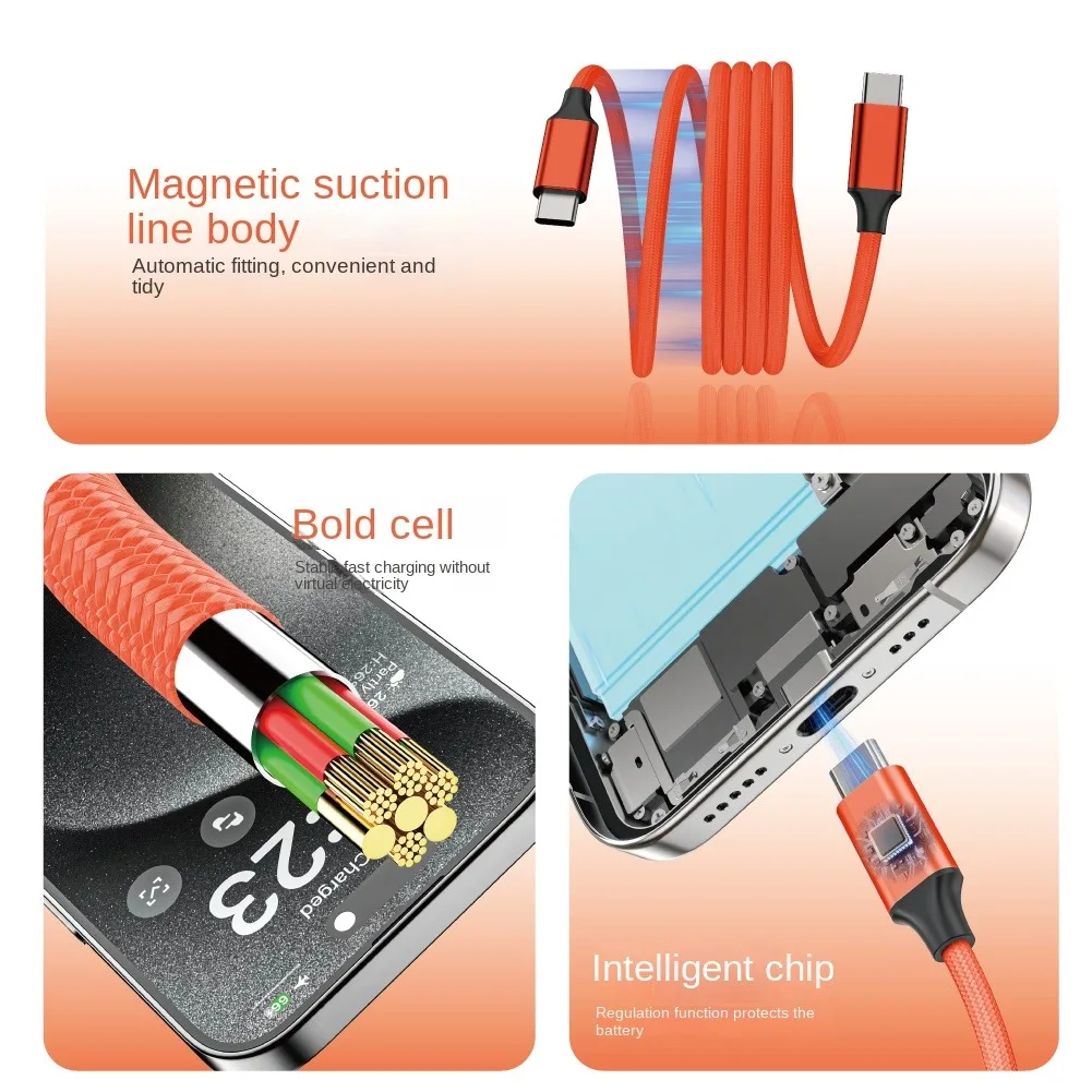 Magnetic Auto-Roll Ultra-Fast Type C Car Charging Cable - USB-C to USB-C, 1M/2M Data Cable