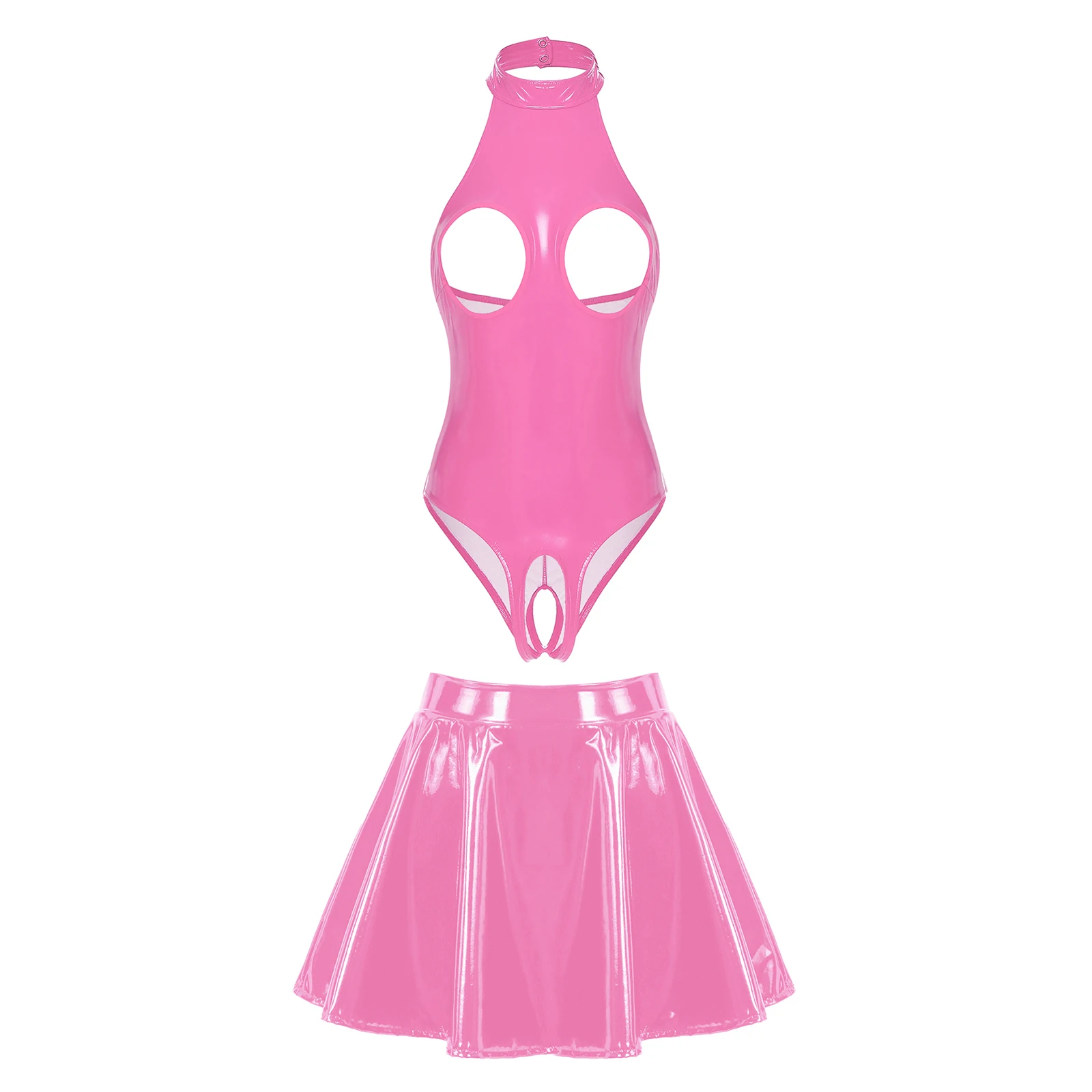 thumbnail image 1 of Conjunto de lencería de charol con efecto mojado para mujer, body con escote halter, copa abierta, sin entrepierna, falda acampanada con cremallera, disfraces de discoteca, 1 of 5