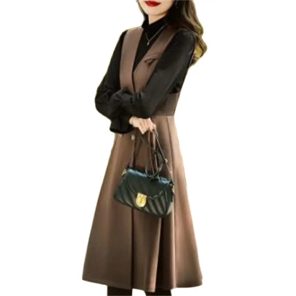 

Autumn Woman Autumn Slim Dresses Double Breasted Sleeveless Coats V-Neck Knee Length Outerwear Spring Fashion Jackets 4XL