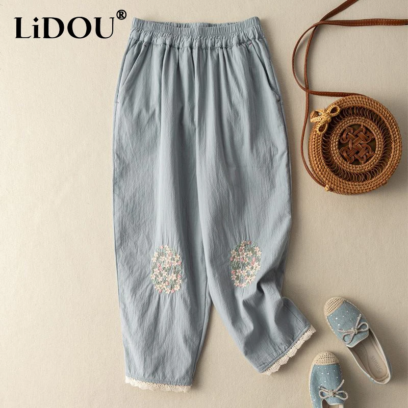 Summer Elastic High Waist Cotton Linen Embroidery Vintage Pants Women Loose Casual Fashion Ankle Length All-match Trousers Femme