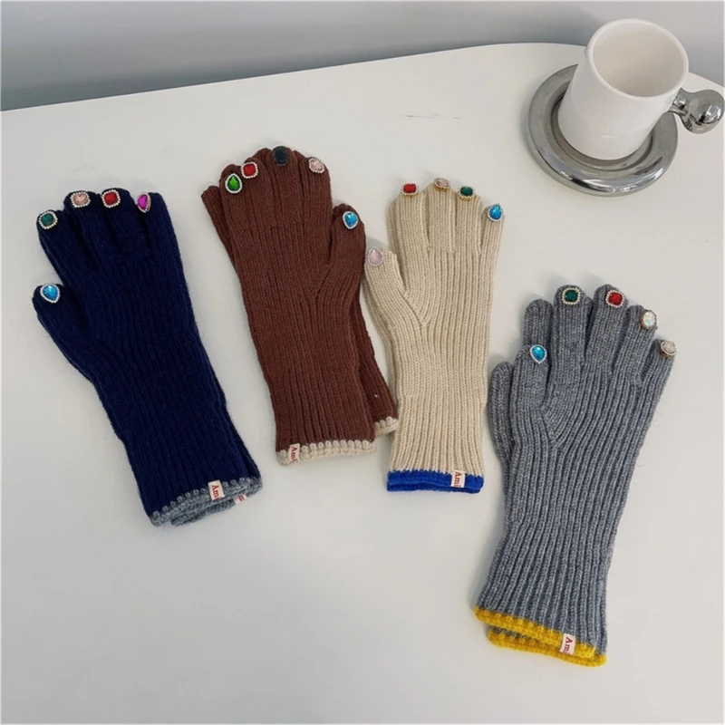 

Gloves French Vintage Luxury Knit Gloves Women Full Finger Gloves with Decors on Finger Tips 449B