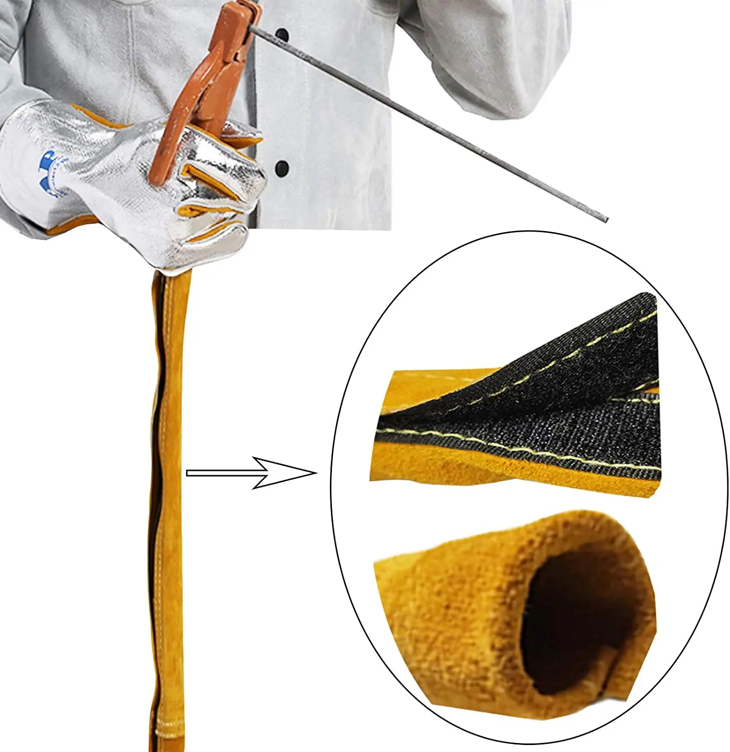 Flame Resistant Welding Torch Cover With Hook Loop Leather Aramid Fiber Stitched Yellow MIG Cable Sleeve Welding Torch Tig Cover