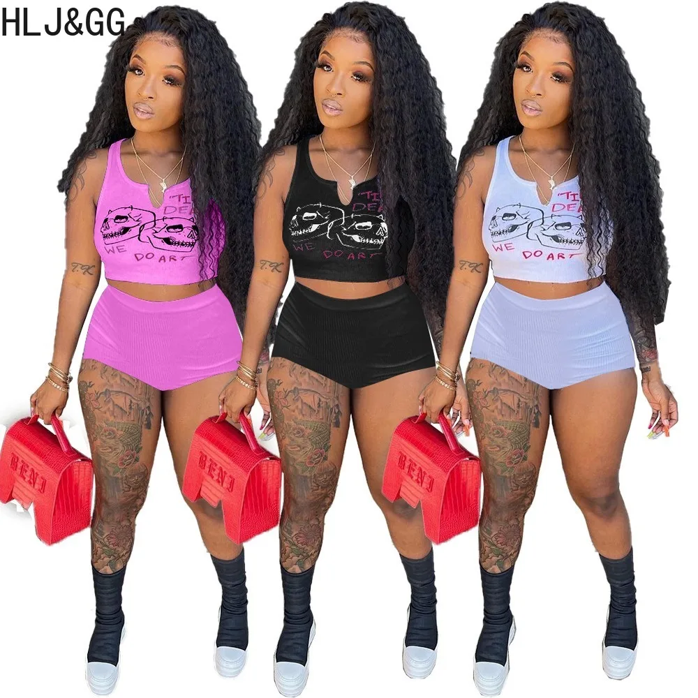 HLJ&GG Summer New Y2K Pattern Print Shorts Two Piece Sets  Women V Neck Sleeveless Tank Top And Shorts Tracksuits Female Outfits