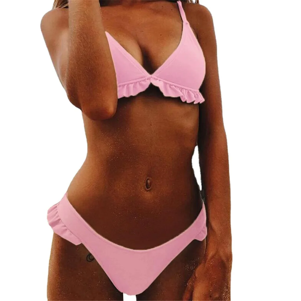Bikini suit new solid color small skirt lace split swimsuit 2-piece pink yellow red blue black