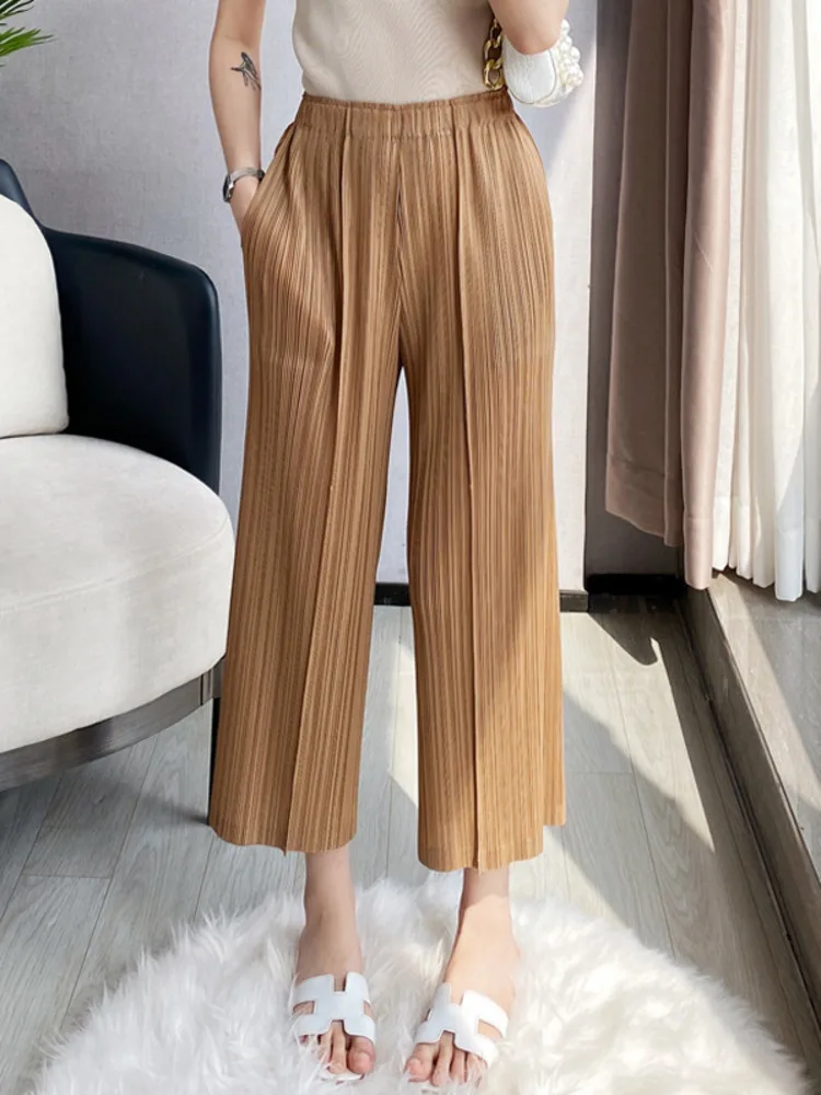 Miyake Pleated Straight Pants Solid Color High Waist Wide Leg Cropped Trousers Loose Elastic Casual Style Fall 2022 New Fashion