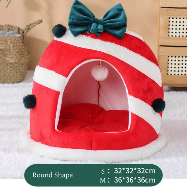 Winter Closed Cat Nest Christmas Gift Box Design Sleeping House for Cats Dogs Soft Warm Bed for Kittens Pet Party Dec Supplies 5