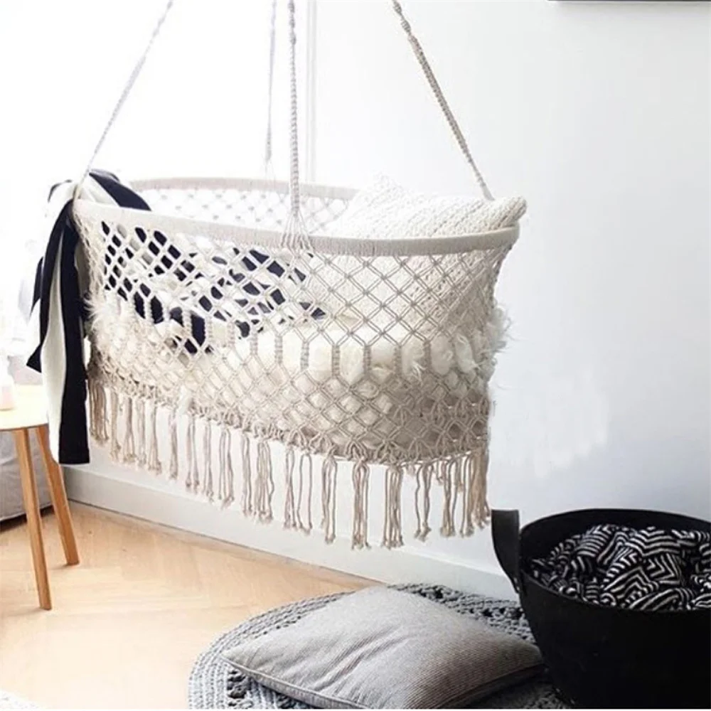 

Baby Crib Hanging Cradle Bassinet Handmade Macrame Portable Swing Baby Crib Nursery