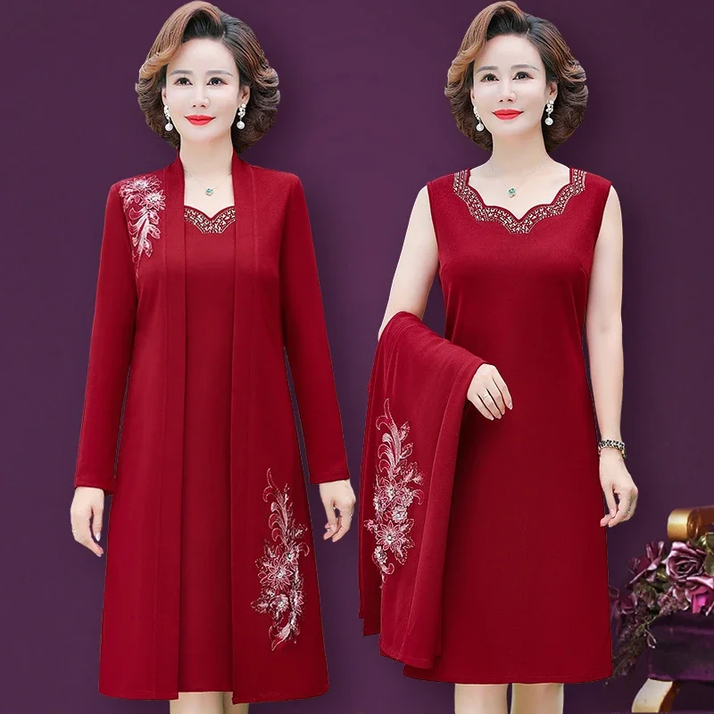 

Middle-aged Female Wedding Guest Dress Two-piece Suit Autumn High-end Elegant Dress Women's Embroidered Dress Set V233