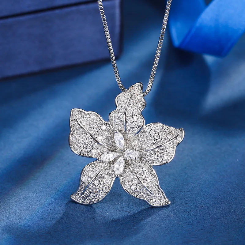 Charme Pendentif Fleur En Argent 925 Avec Diamants - Fait Main - Environ 35 Mm - Neuf