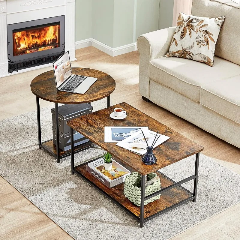 Coffee Table, Mid Century Modern Coffee Table for Living Room Rustic Farmhouse Center Table 2 in 1Detachable Table Set 4