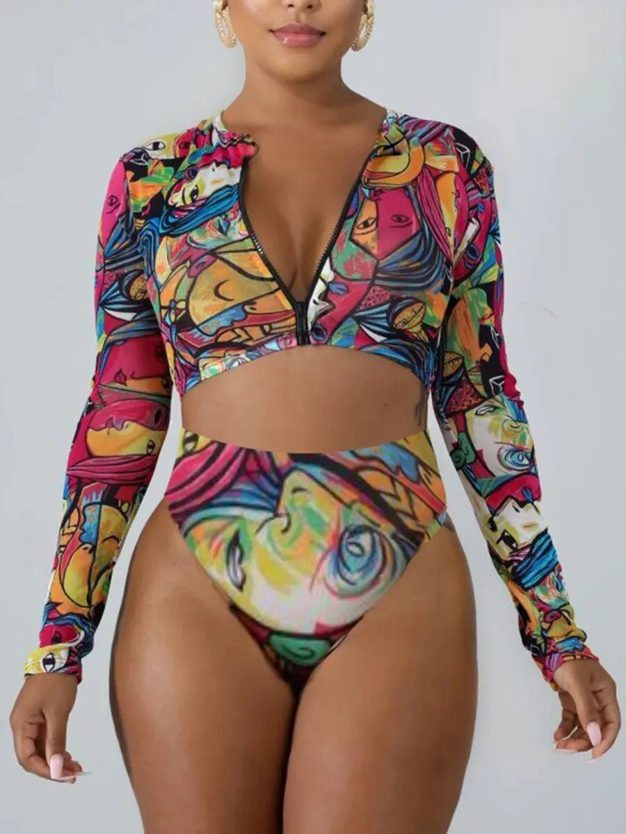 Surf Swimsuit Long Sleeve Printed Swimwear Women Zipper Two Piece Rashguard Diving Clothes Bathing Swimming Suit