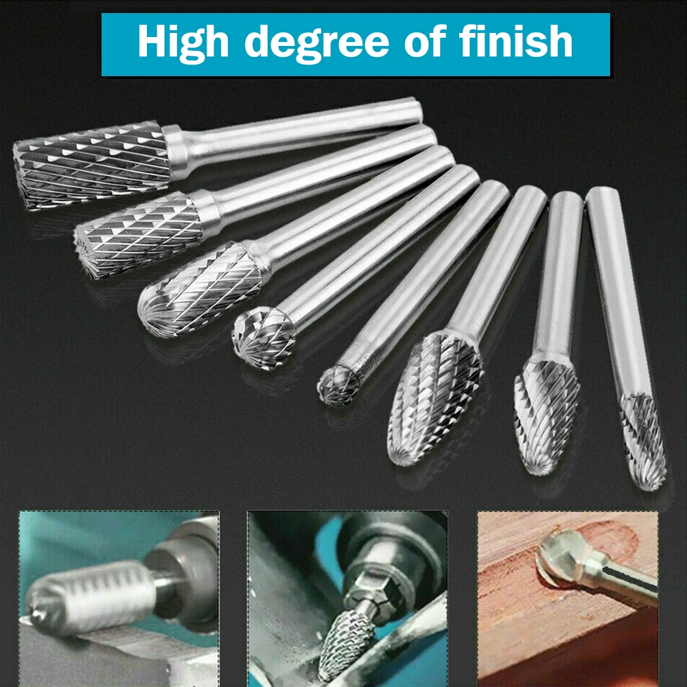1/4 6mm Shank Tungsten Carbide Rotary Burr Bur Die Grinder Carving Bits 8Pcs alloy carbide milling cutter carbide end mill