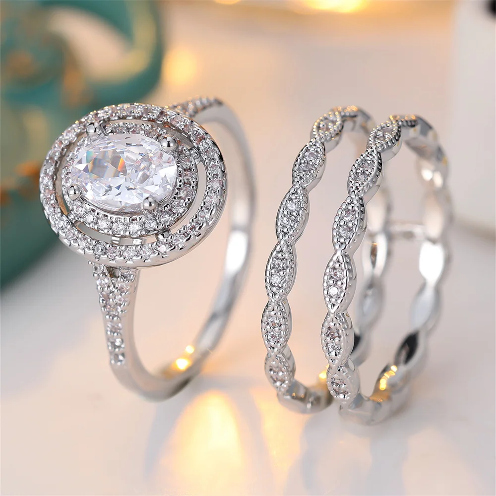 3pcs Shiny White Zircon Oval Stone Rings Sets For Women Vintage Silver Color Engagement Bands Wedding Jewelry Set Versatile Gift
