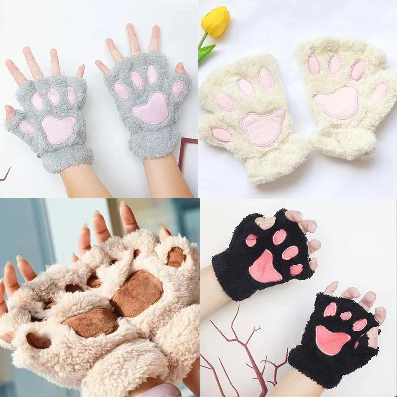 Winter Thickened Fluffy Bear Paw Half Finger Gloves Cute Cartoon Cat Paw Open Finger Gloves for Girls