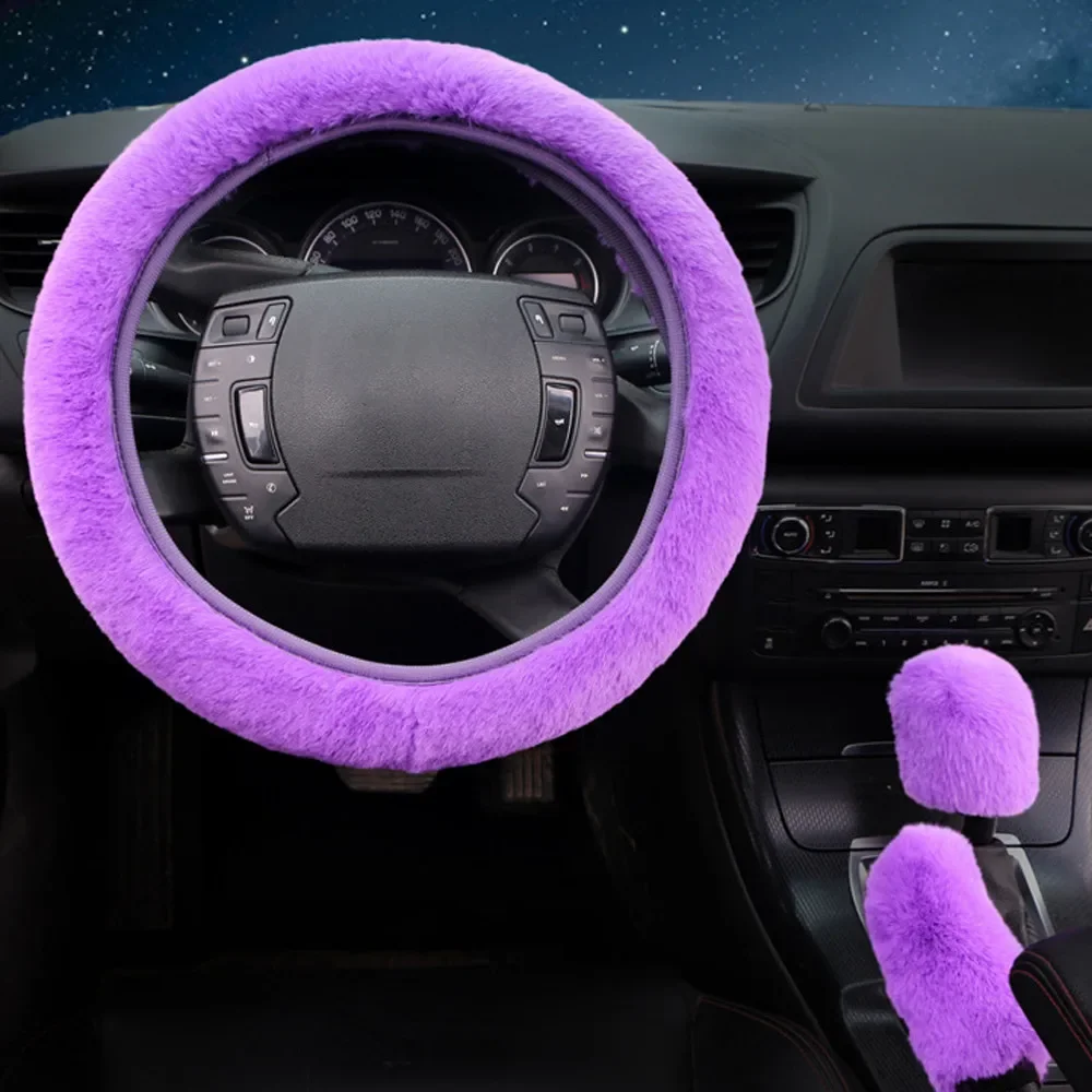 1 Set Of Fluffy Thick Auto Car Steering Wheel Plush Cover Soft Wool + Handbrake & Shift Gear Cover Pink/Blue/Purple/Black