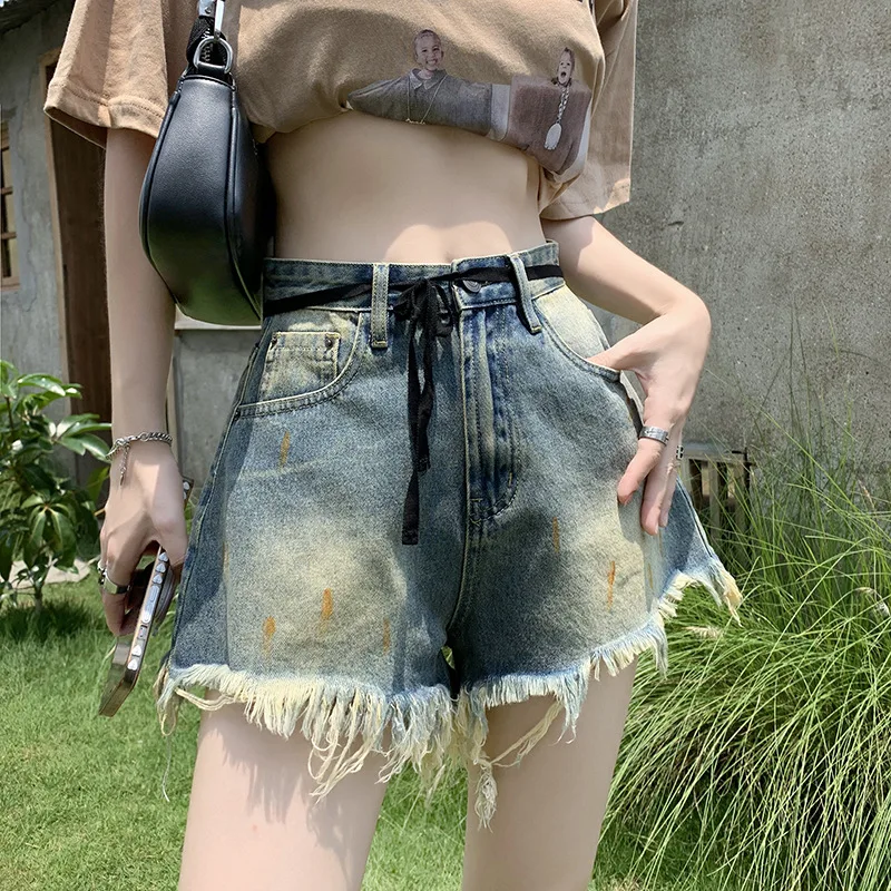 Denim Planet Spicy Girl Plush Denim Shorts Women's Summer High Waist Loose Slimming Lace Up Tie Dyed Washed Wide Leg Hot Pants