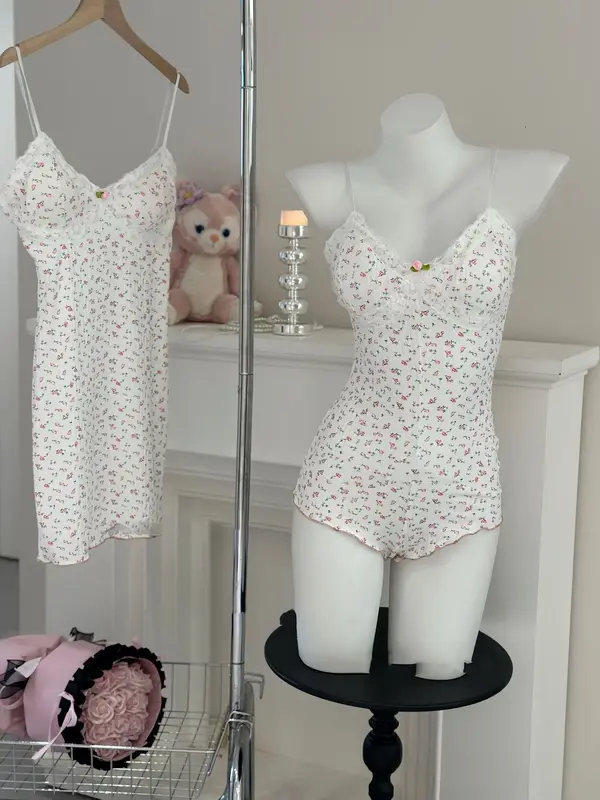 Women Sexy Floral Print Bodysuit Lace Trim Sleeveless Slim