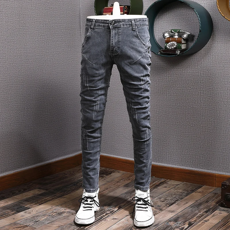 Fashion Designer Men Jeans Retro Dark Gray Stretch Skinny Fit Ripped Jeans Men Spliced Designer Vintage Denim Pencil Pants