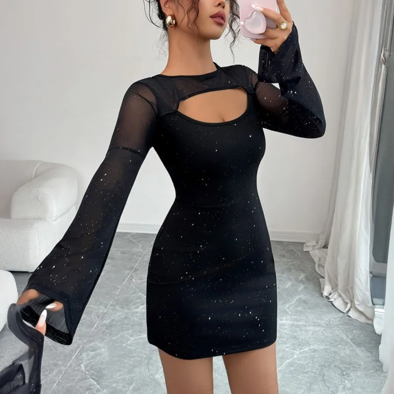 Robe de bal crayon pour femmes, nouveau Style Simple, mode, châle évasé, manches longues, ajouré, jupe courte noire, printemps automne 2026