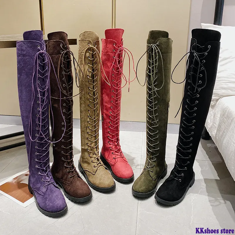 

2023Casual Women's Boots Low Heels Flock Winter Over Knee Boots for Woman 2023 Lace Up Fashion Female Thigh High Boots