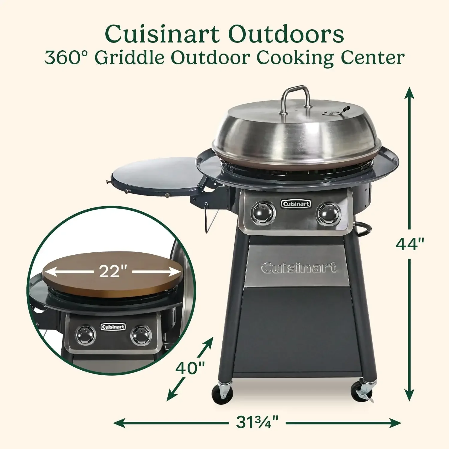 NEW-360° Griddle Outdoor Cooking Center, 22” Round Flat Top Grill with Stainless Steel Vented Lid, Folding Prep Table, 30,000 BT