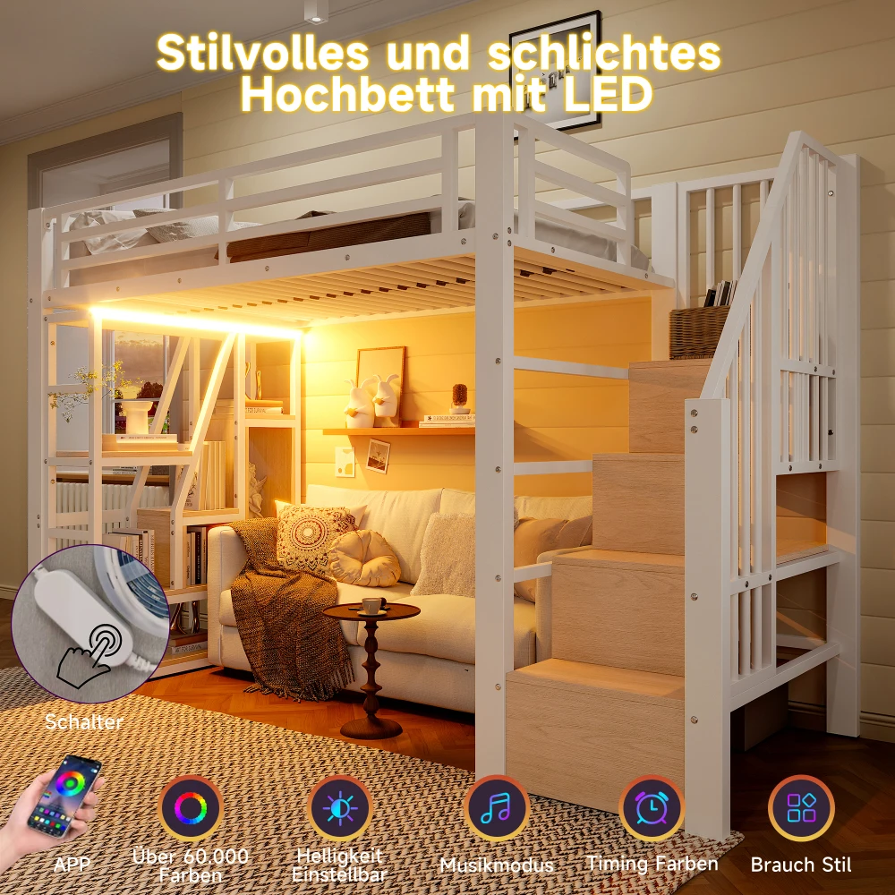 Hochbett mit Eisenrahmen, Stufen, Geländer, Leiter und LED-Beleuchtung, offener Stauraum unter dem Bett, 90 x 200 cm/140 x 200 cm – Detail 14