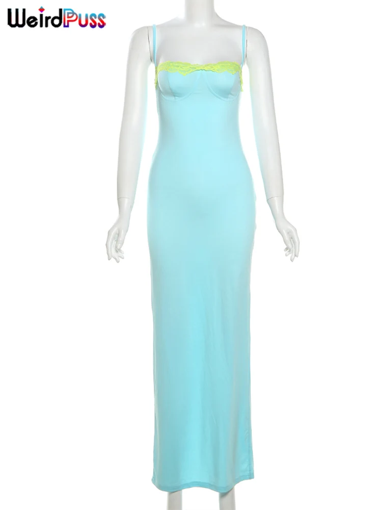 Weird Puss Lace Patchwork Dress Sleeveless Summer Chic Tube Splits Sheath Spaghetti Straps Coquette Sexy Stretch Maxi Vestidos 6