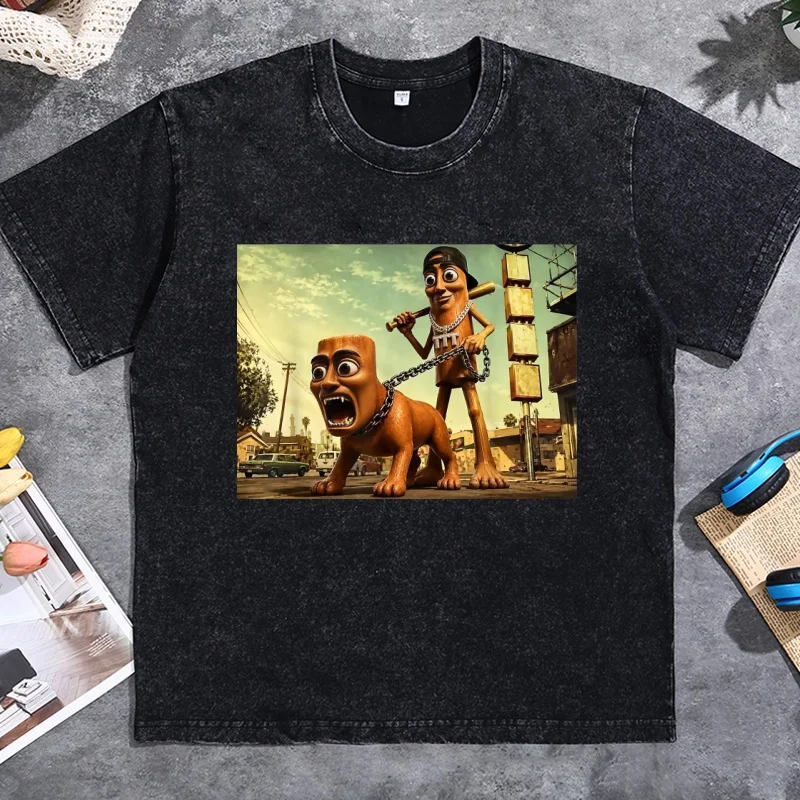 Triple T Tung Sahur Tuff Dog Lustiges Brainrot Meme T-Shirt Unisex Baumwolle Vintage Gewaschen T-Shirts Übergroß Hochwertig Lässig