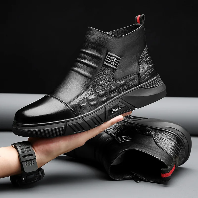 Winter Men Ankle Boots Crocodiles Pattern Fashion HighTop British Style Ninja Plush Cotton Shoes