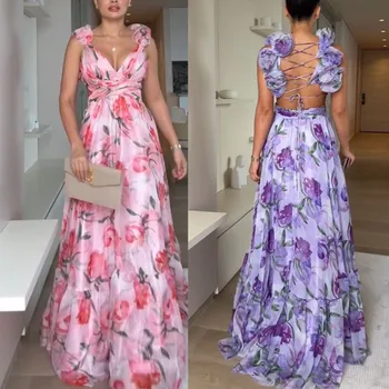 2026 New Bohemian Sexy Printed Women Dresses Halter Sleeveless Backless Naked Waist Long Dress Fashion Summer Beach Holiday Robe 1