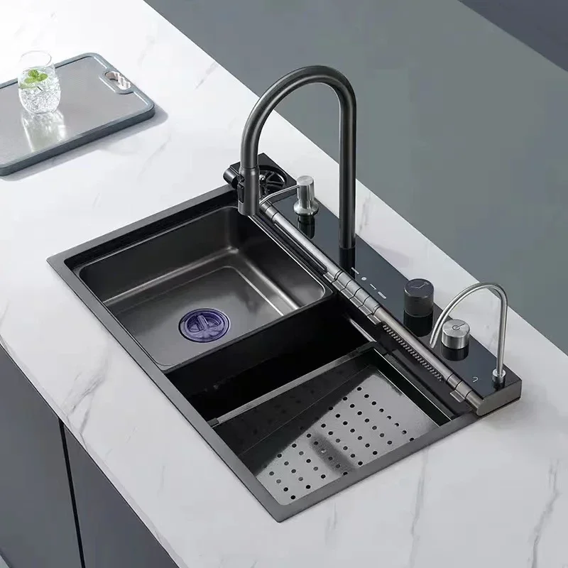 Stainless Steel Kitchen Waterfall Sink Embossed Digital Display Large Single Slot All-in-one Faucet Multi-functional Wash Bain 3