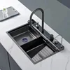 Stainless Steel Kitchen Waterfall Sink Embossed Digital Display Large Single Slot All-in-one Faucet Multi-functional Wash Bain 3