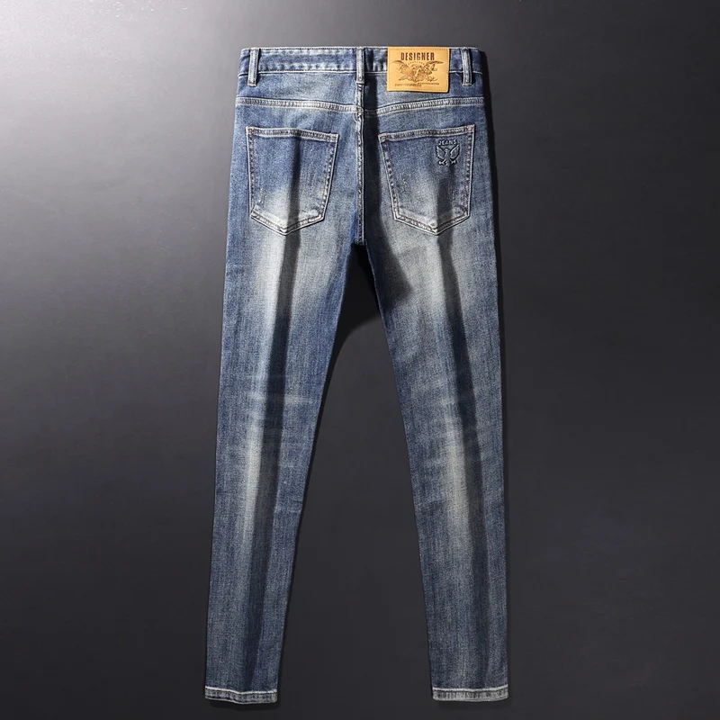Fashionable new men's jeans, elastic slim fit, retro blue jeans, designer motorcycle brand high-quality pants