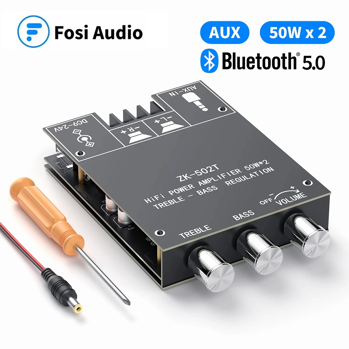 Fosi Audio Bluetooth 5.0 Audio Receiver Amplifier Board Wireless Power Digital AUX Amp Module Bass & Treble TPA3116D2 50W x2 non inverting amplifier