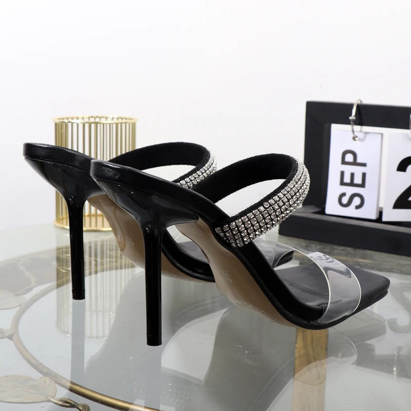 Rhinestone slippers 2022 foreign trade plus size women's shoes square transparent belt with stiletto heels outdoor sandals 10CM