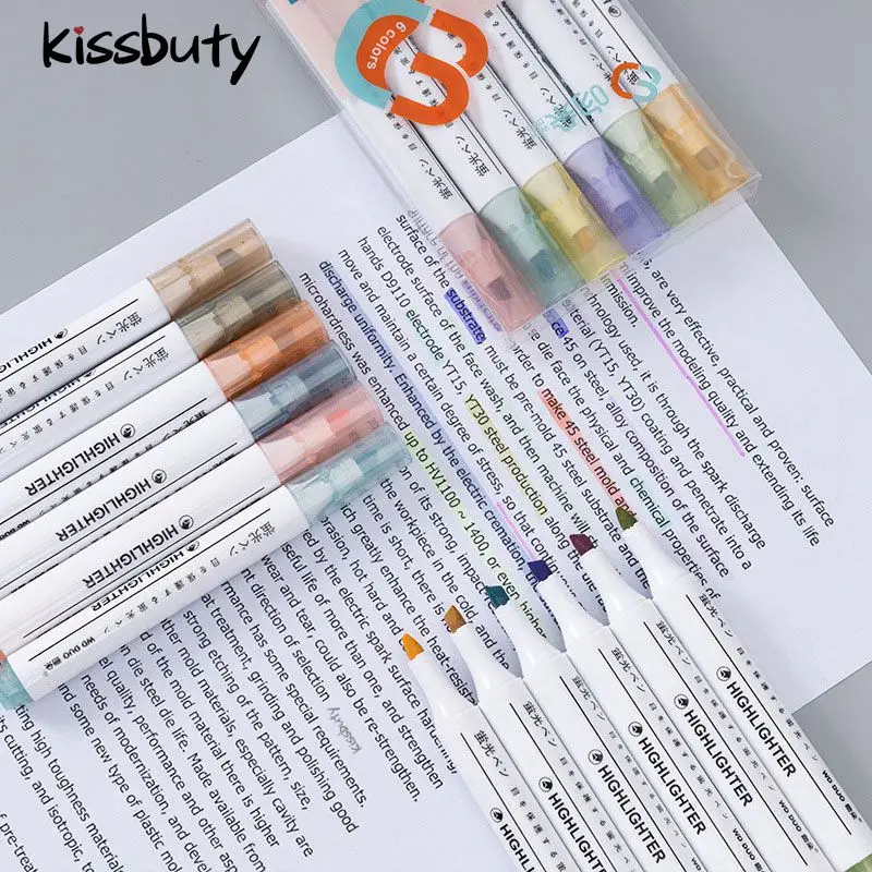 마카롱 카와이 컬러 하이라이터 펜, 레트로 모란디 아트 마커, 형광 펜, 저널 페인팅 문구, 6 개/세트