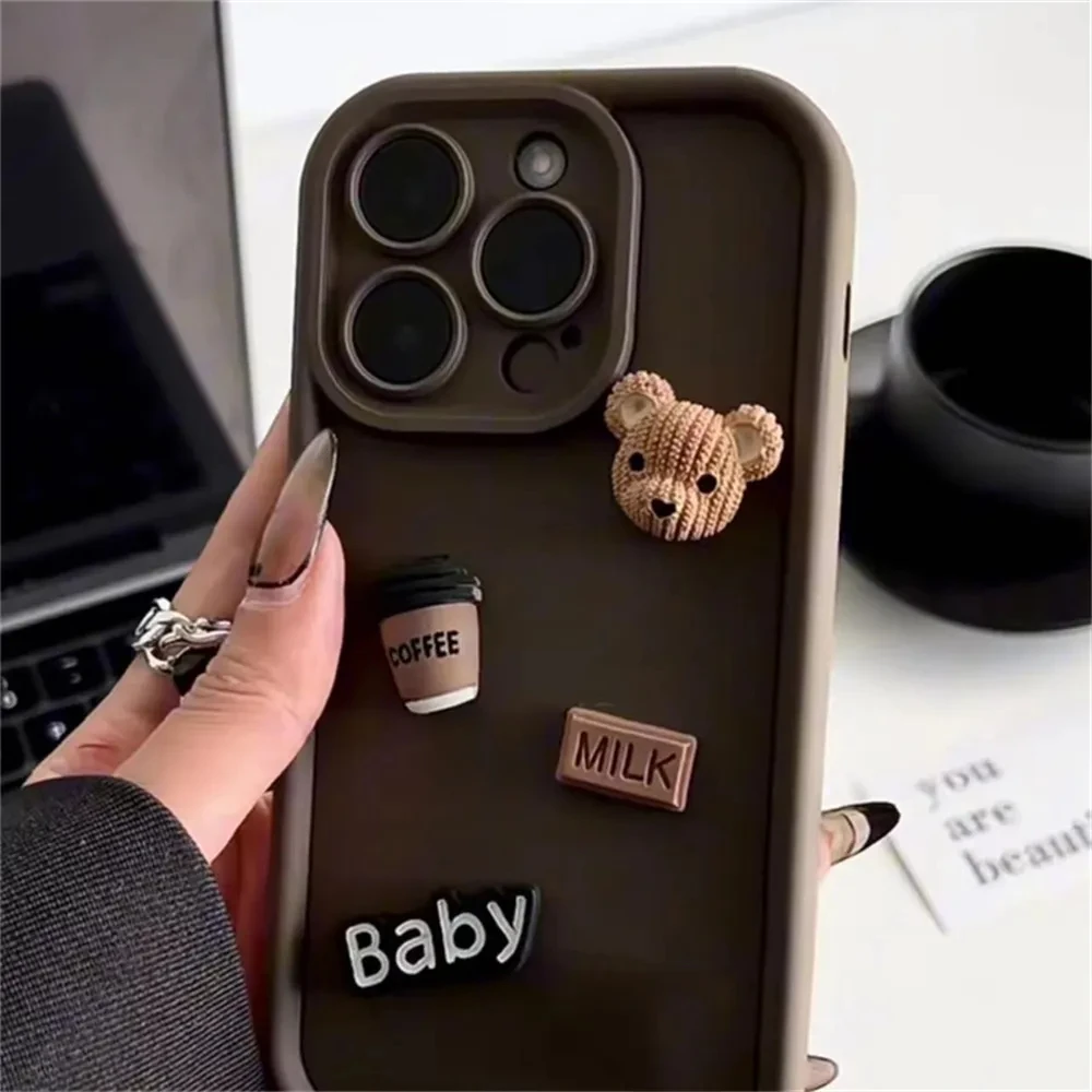 Cute 3D Bear milk coffee color three-dimensional bear for iPhone 13 promax Apple 12 mobile phone case 11 advanced 14pro silicone