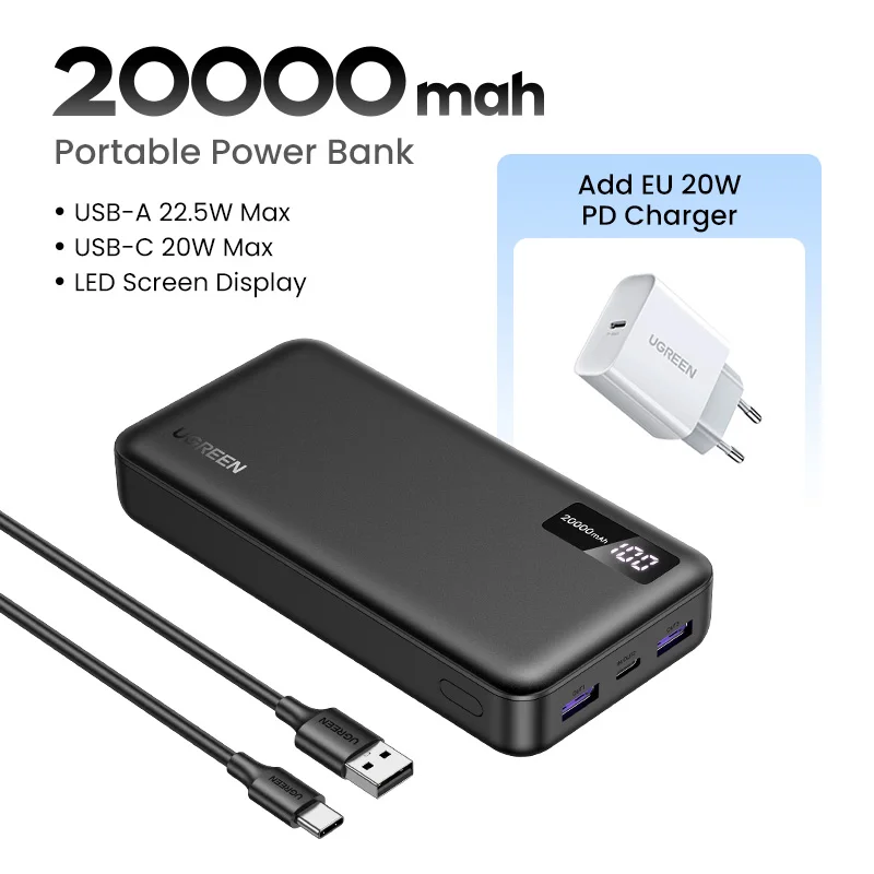 thumbnail image 1 of Banco de energía UGREEN de 22,5 W, carga rápida, 10 000 mAh, portátil, para iPhone 15 Pro Max, Xiaomi, Huawei, batería externa PD20W, 1 of 5