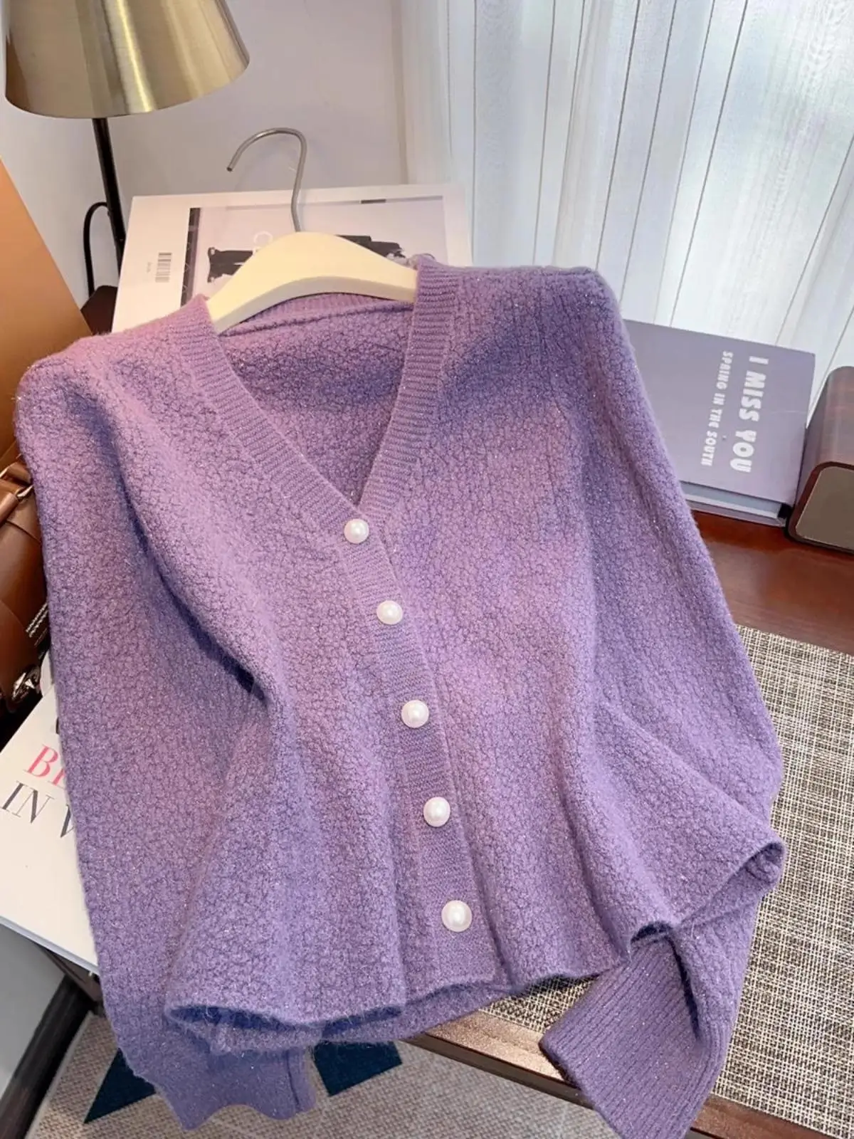 Solid V-neck Cardigan Sweater Women 2024 Autumn/Winter French Style ...