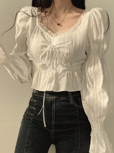여성용 퍼프 소매 시폰 블라우스, 레이스업 프릴 셔츠, 우아한 한국 패션, 프레피 스타일, 스위트 탑, 레이디 2023, 여름 3