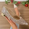 Gold Low Heels Pumps Women 2025 Spring Shiny Sequins Pointed Toe Party Shoes Woman Plus Size Simple Thick Heeled Bride Shoes 1