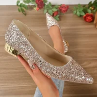 Gold Low Heels Pumps Women 2025 Spring Shiny Sequins Pointed Toe Party Shoes Woman Plus Size Simple Thick Heeled Bride Shoes 1