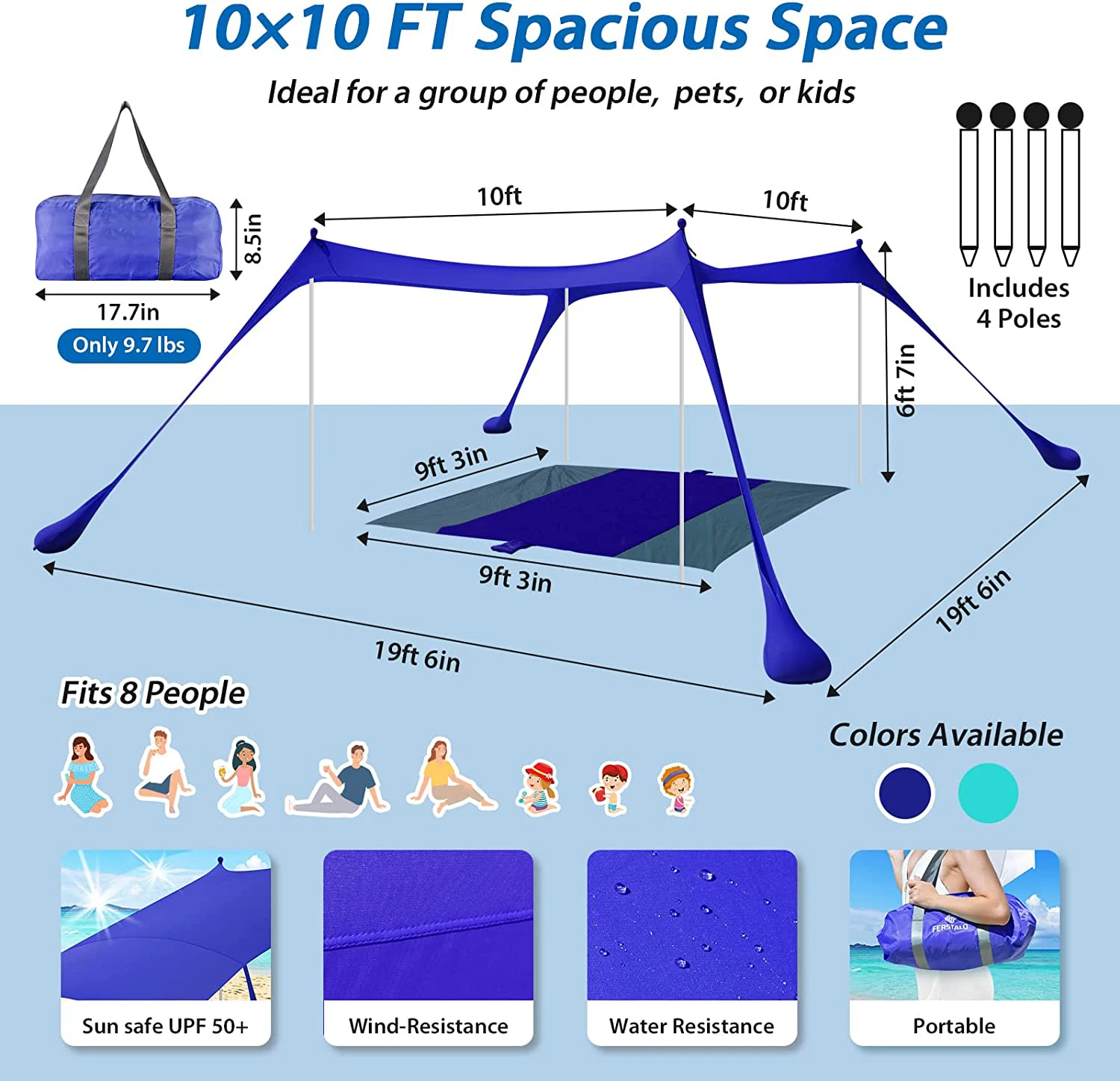 10x10 FT Family Beach Tent Sunshade UPF50+, Large Beach Shade Canopy with Mat and 4 Poles for Camping,Party,Picnics, Backyard