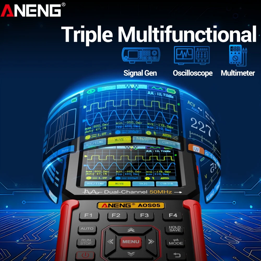 AOS05 휴대용 디지털 오실로스코프 0-1000V 3-in-1 멀티미터 듀얼 채널 50MHz 200MS/s 자동차 수리용 신호 발생기