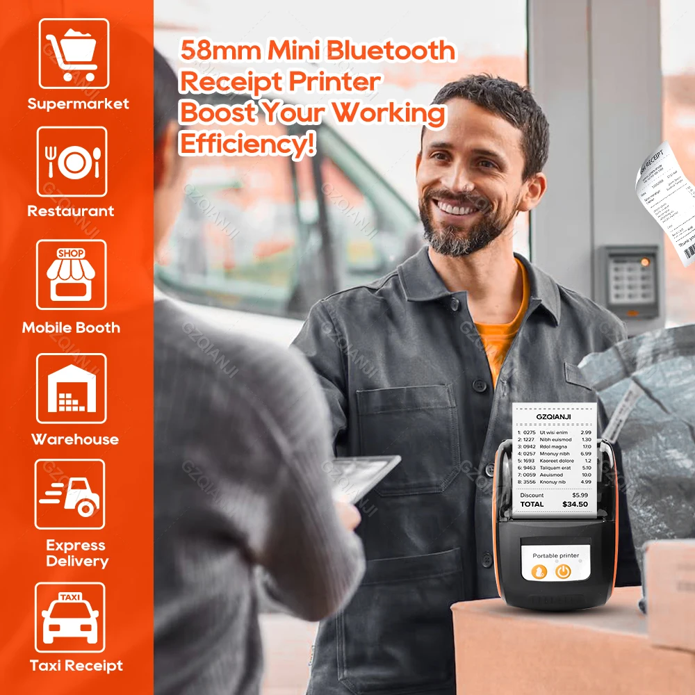 58mm Mini Portable Thermal Receipt POS Printer Wireless Bluetooth Ticket Bill IOS Android PC Invoice Business Retail Ink-free