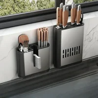 Wall-mounted Chopsticks Tube Kitchen Rack Wall Hanging Punch-free Tool Rest Cutter Drain Aluminium Chopsticks Cage Storage Box 2