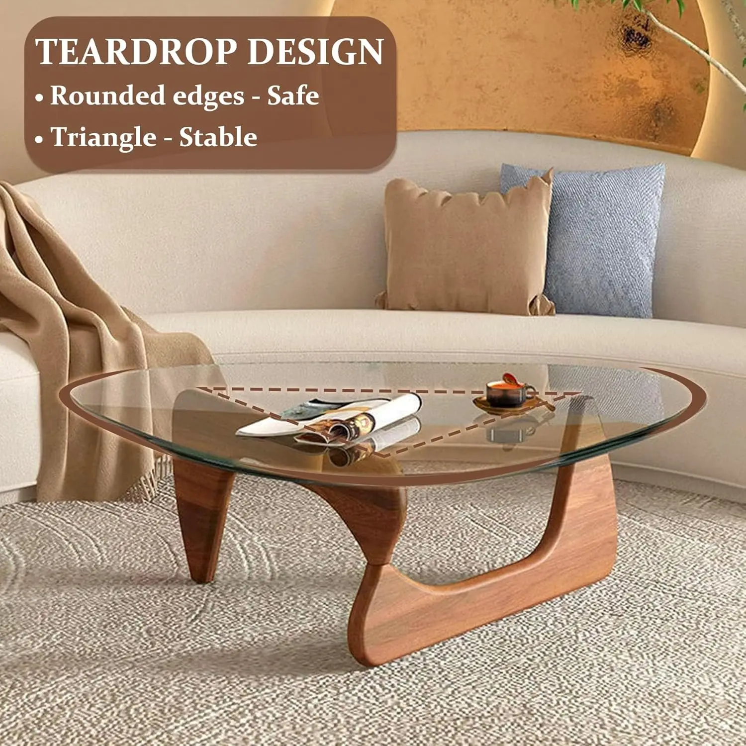 Coffee Tables for Living Room-Triangle Glass Coffee Table with Wooden Base Mid-Century Modern Abstract End Table