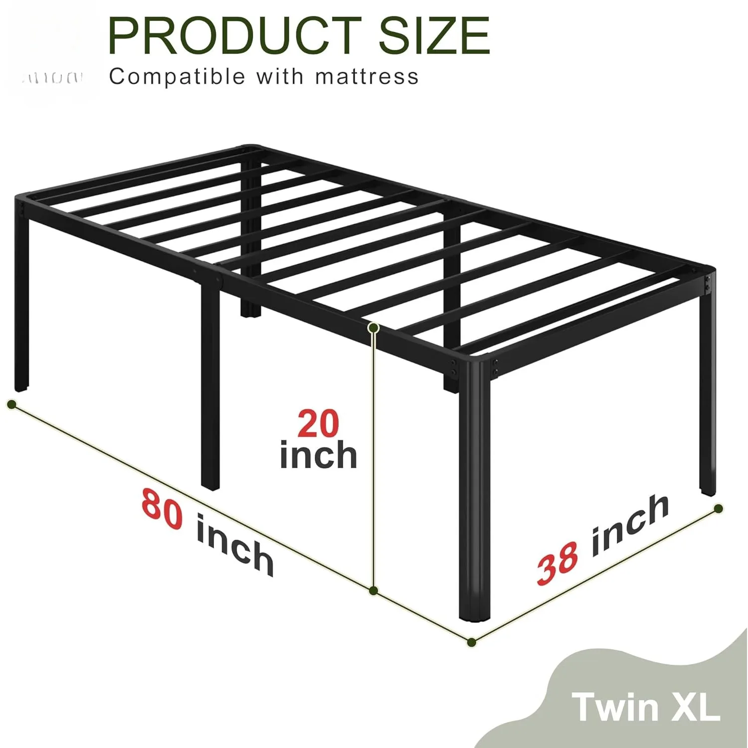 20 inch high XL double bed frame with rounded legs, heavy-duty XL, no need for box springs, easy to assemble, noise free, black 2