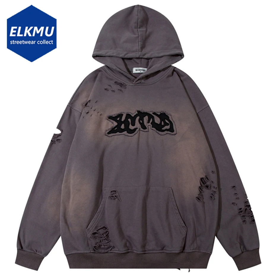 

Vintage Ripped Hoodie Patchwork Distressed Hole Retro Hoodies Streetwear Hip Hop Oversized Hoodie Black Loose Y2K Sweatshirt