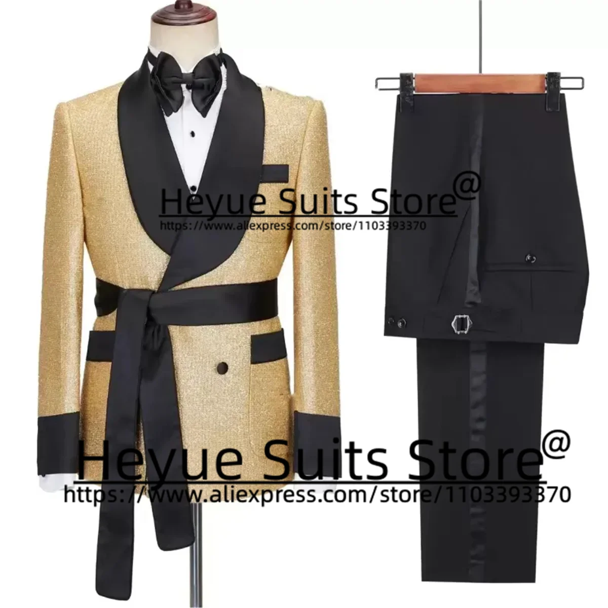 Golden Luxuly Jacquard Wedding Suits For Men Slim Fit Shawl Lapel Groom  Prom Tuxedos 2 Pieces Sets traje de hombre elegante